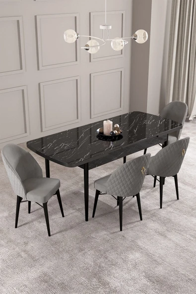 Calvin Siyah Mermer 80x132 Açılabilir Mdf Masa Yemek Odası Takımı, Mutfak Takımı 4 Adet Sandalye Gri - 2