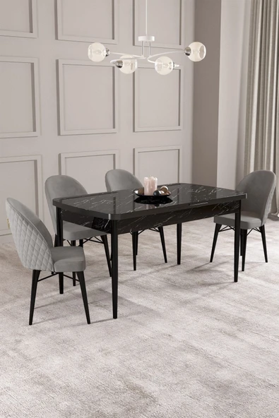 Calvin Siyah Mermer 80x132 Açılabilir Mdf Masa Yemek Odası Takımı, Mutfak Takımı 4 Adet Sandalye Gri