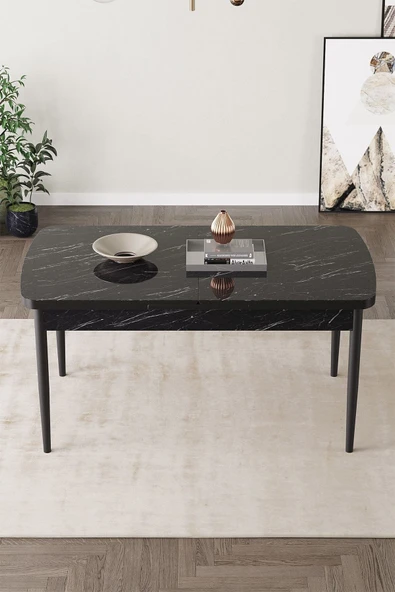 Calvin Siyah Mermer 80x132 Açılabilir Mdf Masa Yemek Odası Takımı, Mutfak Takımı 4 Adet Sandalye Gri - 4