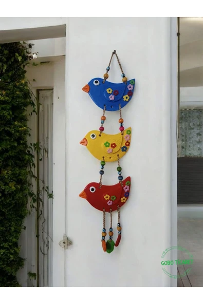Gobo 3'lü El Boyaması Dekoratif Kuş Duvar ve Balkon Süsü–Boncuklu & İpli-Farklı Renk Seçenekleri 45x12 cm - 1