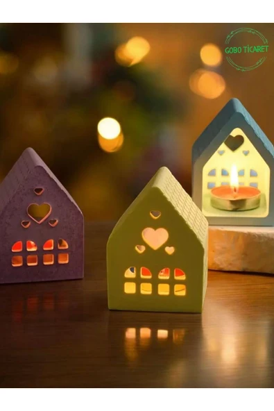 Gobo Mum Hediyeli 3'lü Renkli Ev Mumluk Seti – Dekoratif Loş Aydınlatma & Şık Dekor (5,5 cm x 7,6 cm) - 3