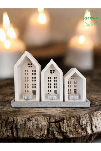 Gobo Mum Hediyeli 3'lü Ev Mumluk Seti – Dekoratif Aydınlatma & Şık Ev Dekoru(18,5 cm / 16,1 cm / 12,5 cm) - 2