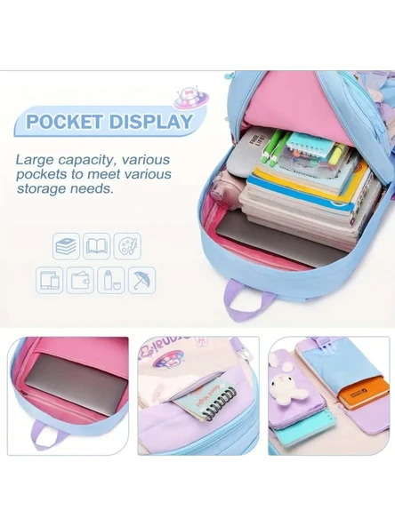 Relaxion 1460 Açık Pembe Mavi İthal Kore Tarzı Unisex Çocuk İlkokul Sırt Çantası - 4