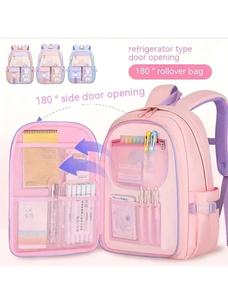 Relaxion 1460 Açık Pembe Mavi İthal Kore Tarzı Unisex Çocuk İlkokul Sırt Çantası - 5