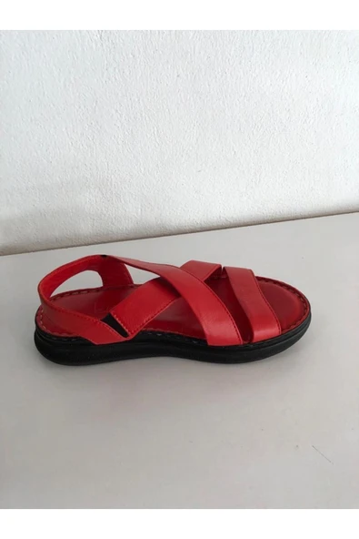 güven kundura Kadın Kırmızı Hakiki Deri Sandalet - 3