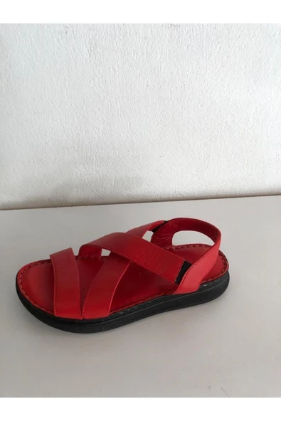 güven kundura Kadın Kırmızı Hakiki Deri Sandalet - 1