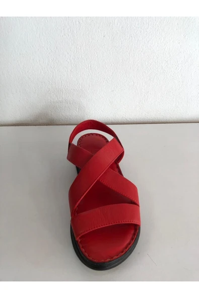 güven kundura Kadın Kırmızı Hakiki Deri Sandalet - 4
