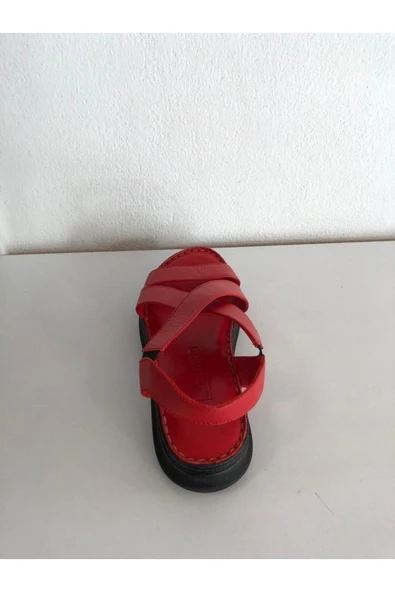 güven kundura Kadın Kırmızı Hakiki Deri Sandalet - 2
