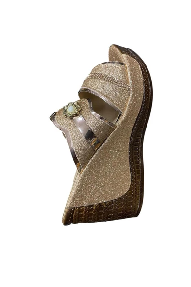 PARMİ Kadın Dolgu Topuk Simli Taşlı Terlik - Resim 10