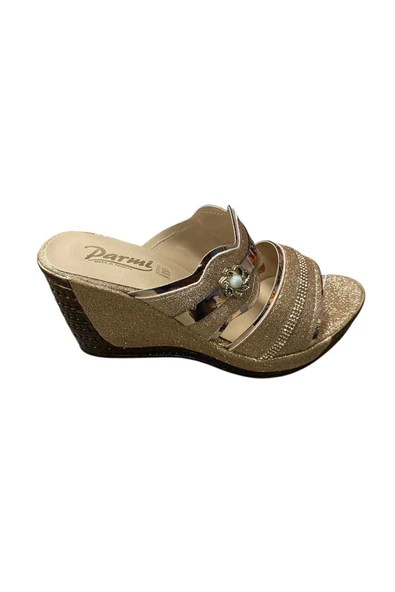 PARMİ Kadın Dolgu Topuk Simli Taşlı Terlik - Resim 9