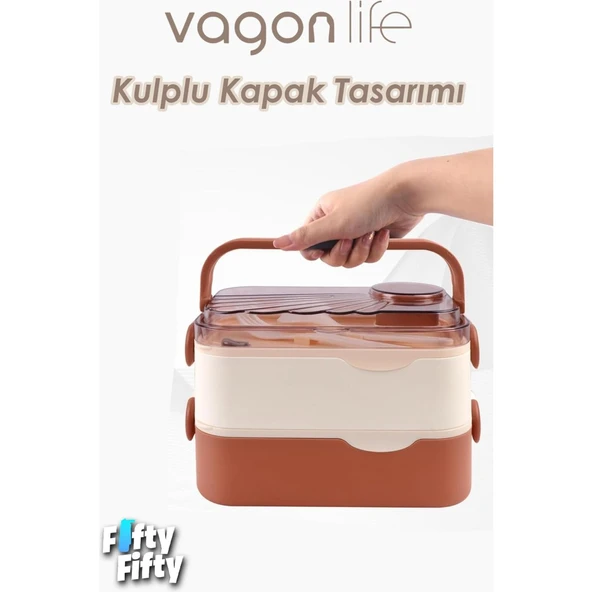 Vagonlife 1350 ml Iki Kat Üç Bölme Paslanmaz Çelik Lunch Box Yeni Nesil Sefer Tası-Sos Kaseli MODEL-FFLBOX10110-2S - 3