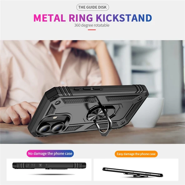 iPhone 16 Plus Uyumlu Kamera Korumalı Standlı Yüzüklü Tank Kılıf - 2