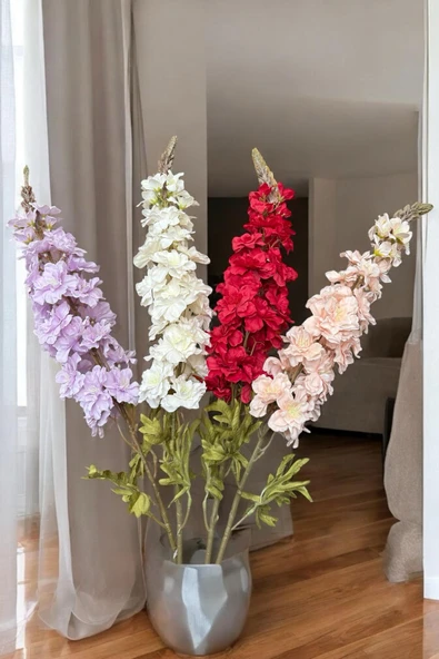YAPAY ÇİÇEKÇİNİZ Lüks Yapay Çiçek Aranjman Seti – 1 Adet Okaliptus Dalı + 3 Adet Delphinium Çiçeği + 7 Dallı Kırmızı Bahardalı Demeti - Resim 2