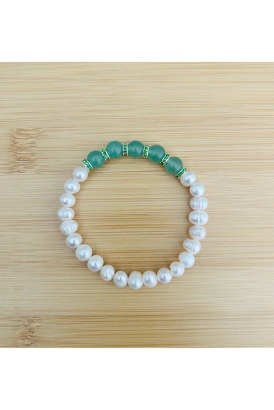 MK TASARIM GERÇEK İNCİ-AVENTURİN TAŞI BİLEKLİK MKT056 ( A++ KALİTE - MARKAMIZ TESCİLLİDİR ) ürün görseli