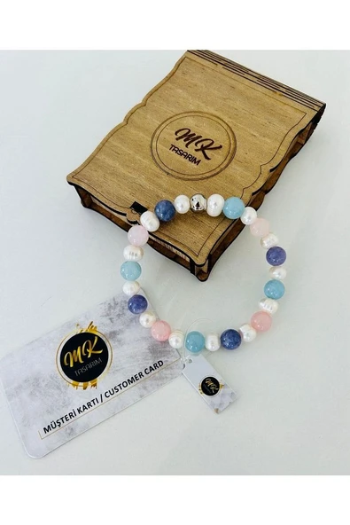 Gerçek Inci -gerçek Mavi,pembe, Mor Kuvars Bileklik | Mktasarım Kutusunda | Mktasarım Müşteri Kartlı - Resim 2