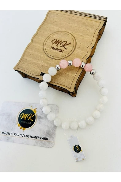 MK TASARIM GERÇEK AYTAŞI -PEMBE  KUVARS TAŞI BİLEKLİK MK.37.004 - Resim 2