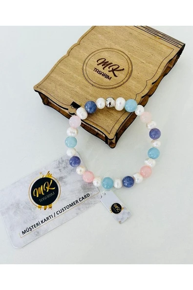 Gerçek Inci -gerçek Mavi,pembe, Mor Kuvars Bileklik | Mktasarım Kutusunda | Mktasarım Müşteri Kartlı - Resim 3