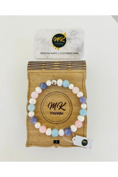 Gerçek Inci -gerçek Mavi,pembe, Mor Kuvars Bileklik | Mktasarım Kutusunda | Mktasarım Müşteri Kartlı ürün görseli