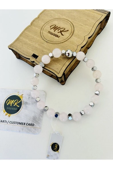 MK TASARIM Gerçek Pembe Kuvars - Hematit Taşı Bileklik Mk.020.001 - Resim 3