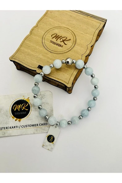 MK TASARIM Gerçek Akuamarin Taşı Bileklik (ARA KÜÇÜK TAŞLAR HEMATİT TAŞIDIR) Mk.020.015 - 4