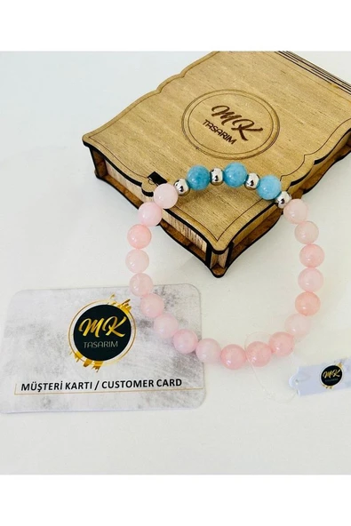 MK TASARIM Gerçek Pembe-mavi Kuvars Taşı Bileklik | Mktasarım Özel Kutusunda | Mktasarım Müşteri Kartlı - Resim 5