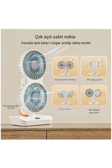 Masaüstü Dijital Ekranlı Çift Fanlı Led Işıklı Soğutucu Fan Ev Ofis Şarjlı Vantilatör - 7