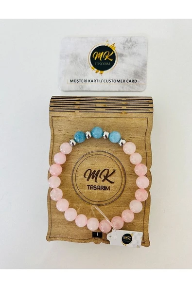 MK TASARIM Gerçek Pembe-mavi Kuvars Taşı Bileklik | Mktasarım Özel Kutusunda | Mktasarım Müşteri Kartlı - Resim 3
