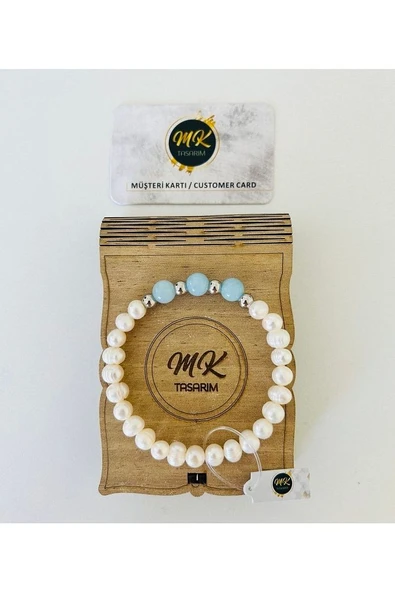 Gerçek Inci Bileklik - Mavi Kuvars Taşı | Özel Müşteri Kartlı - Resim 2