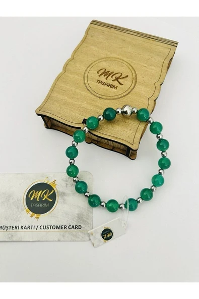 MK TASARIM Gerçek Yeşil Akik Taşı Bileklik (ARA KÜÇÜK TAŞLAR HEMATİT TAŞIDIR) Mk.020.010 - Resim 3