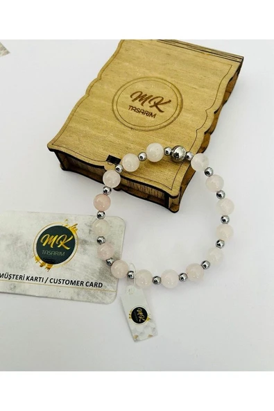 Gerçek Pembe Kuvars Taşı Bileklik (ARA KÜÇÜK TAŞLAR HEMATİT TAŞIDIR) Mk.020.014 - Resim 3