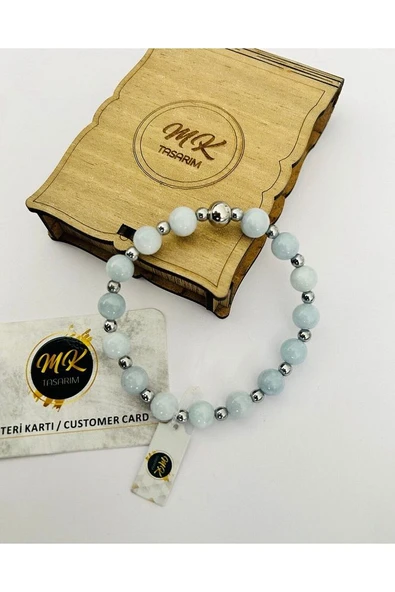 MK TASARIM Gerçek Akuamarin Taşı Bileklik (ARA KÜÇÜK TAŞLAR HEMATİT TAŞIDIR) Mk.020.015 - 2