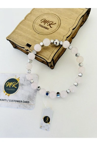 MK TASARIM Gerçek Pembe Kuvars - Hematit Taşı Bileklik Mk.020.001 - Resim 2