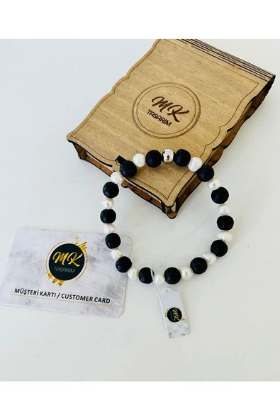 MK TASARIM Gerçek Inci - Gerçek Lav Taşı Bileklik MKT.1.052 - Resim 3