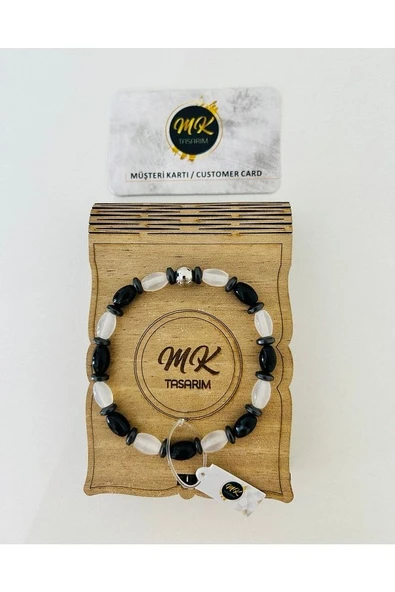 Gerçek Siyah-beyaz Akik Bileklik | Mktasarım Özel Kutusunda | Mktasarım Müşteri Kartlı ürün görseli
