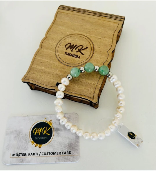 MK TASARIM GERÇEK İNCİ -AVENTURİN TAŞI BİLEKLİK MK.002.001 ürün görseli