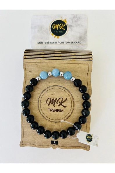 GERÇEK SİYAH AKİK - MAVİ KUVARS TAŞI BİLEKLİK | ÖZEL KUTUSUNDA - Resim 3