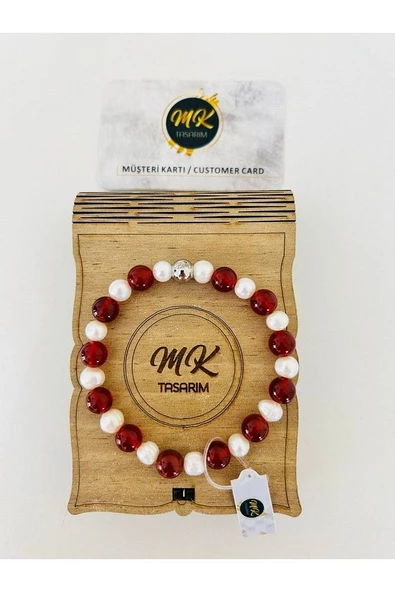 Gerçek Inci-kahverengi Akik Taşı Bileklik | Mktasarım Özel Kutusunda | Mktasarım Müşteri Kartlı ürün görseli