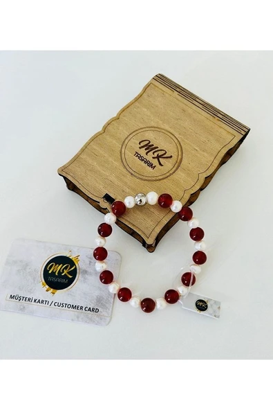 Gerçek Inci-kahverengi Akik Taşı Bileklik | Mktasarım Özel Kutusunda | Mktasarım Müşteri Kartlı - Resim 2