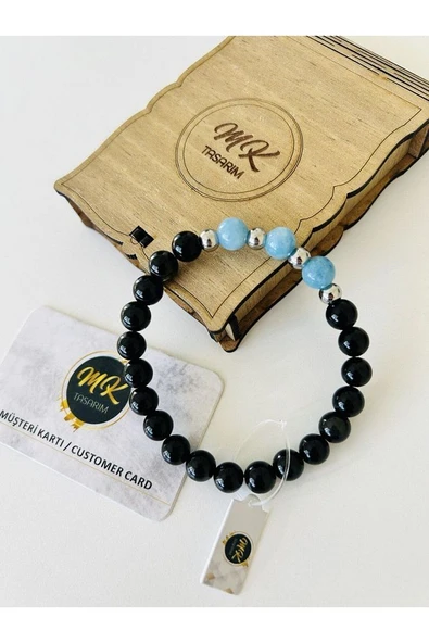 GERÇEK SİYAH AKİK - MAVİ KUVARS TAŞI BİLEKLİK | ÖZEL KUTUSUNDA - Resim 4