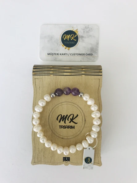 MK TASARIM GERÇEK İNCİ GERÇEK AMETİST TAŞI BİLEKLİK MKT44001 ürün görseli