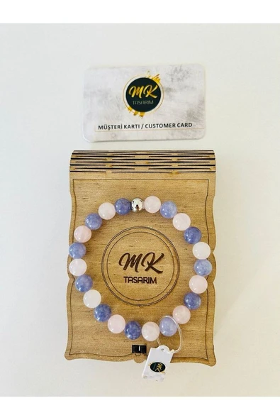 Pembe Ve Gerçek Mavi Kuvars Taşı Bileklik Özel Kutusunda - Resim 5