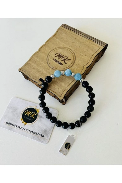 GERÇEK SİYAH AKİK - MAVİ KUVARS TAŞI BİLEKLİK | ÖZEL KUTUSUNDA - Resim 2