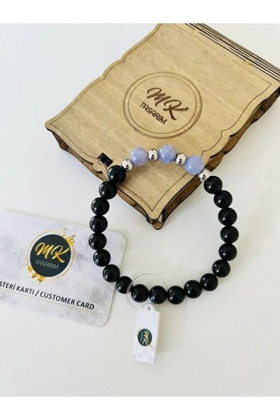 GERÇEK SİYAH AKİK - MOR KUVARS TAŞI BİLEKLİK | ÖZEL KUTUSUNDA - Resim 4