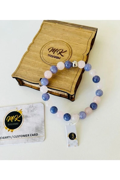 Pembe Ve Gerçek Mavi Kuvars Taşı Bileklik Özel Kutusunda - Resim 3