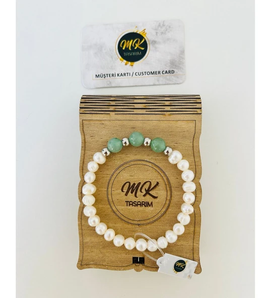 MK TASARIM GERÇEK İNCİ -AVENTURİN TAŞI BİLEKLİK MK.002.001 - Resim 2
