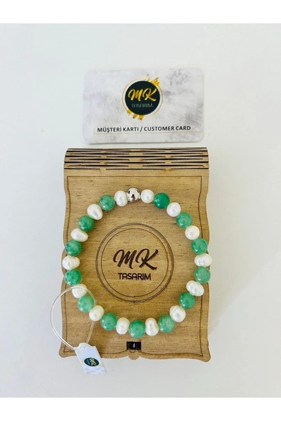 Gerçek Inci- Aventurin Bileklik | Mktasarım Özel Kutusunda | - Resim 4