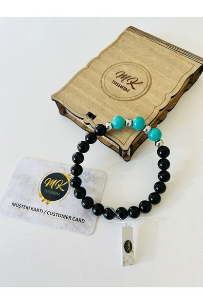 GERÇEK SİYAH AKİK - TURKUAZ TAŞI BİLEKLİK | ÖZEL KUTUSUNDA | MÜŞTERİ KARTLI MK.400.3 - Resim 4