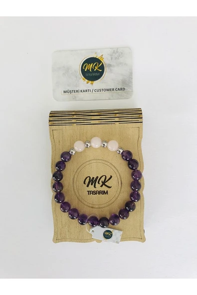 GERÇEK AMETİST TAŞI PEMBE KUVARS TAŞI BİLEKLİK MKT41001 ürün görseli