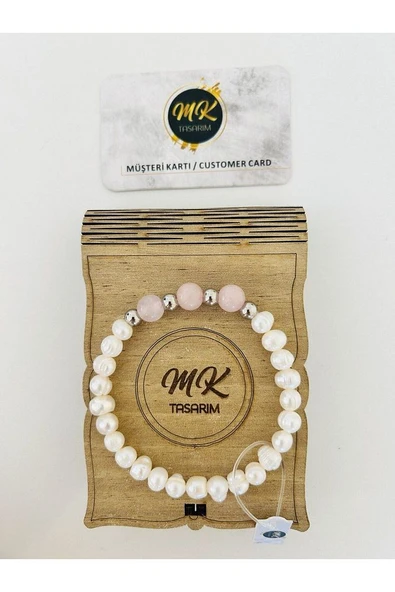 Gerçek Inci Bileklik - Pembe Kuvars Taşı | Özel Müşteri Kartlı ürün görseli
