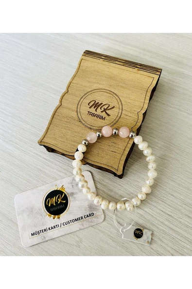 Gerçek Inci Bileklik - Pembe Kuvars Taşı | Özel Müşteri Kartlı - Resim 5
